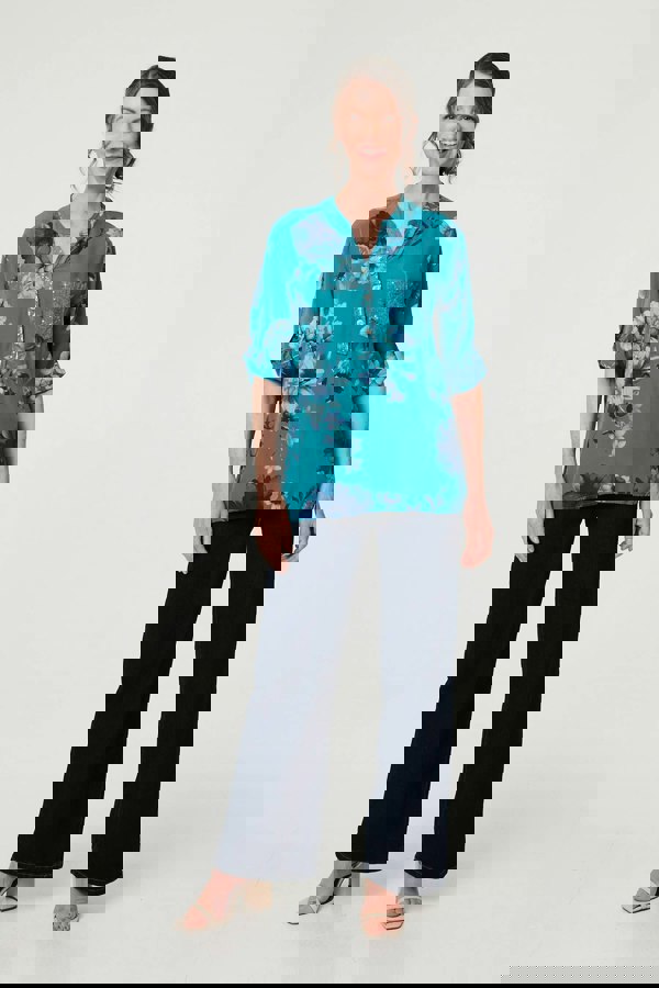 Blue | Floral Sequin Detail 3/4 Sleeve Blouse
