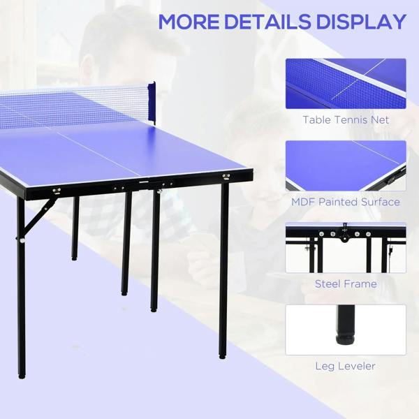 Folding mini table tennis table showing blue surface, net posts, and steel frame