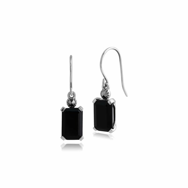 Geometric Hexagon Black Onyx Rectangle Drop Earrings & Pendant Set in 925 Sterling Silver - Gemondo