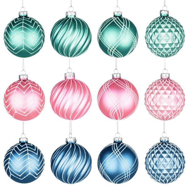 8cm Glass Christmas Baubles 12 Pack in Assorted Green, Pink and Blue Festive Designs image 7
