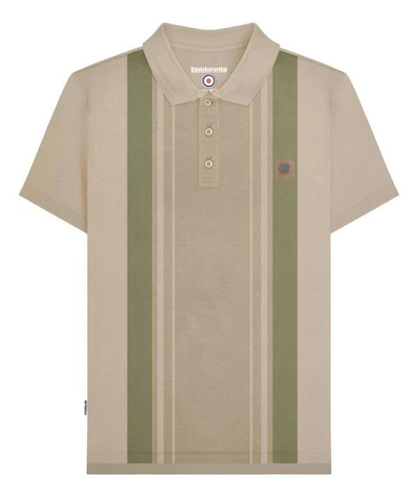 Lambretta Mens Vintage Classic Mod Ska Casual Smart Polo Shirt, beige with green and white vertical stripe pattern, short sleeves, buttoned collar, and logo patch detail.