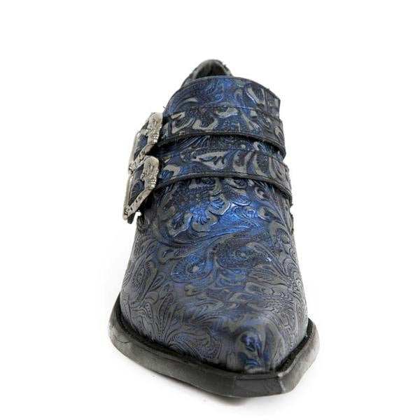 New Rock Vintage Blue Floral Leather Buckle Shoes-7960-S7