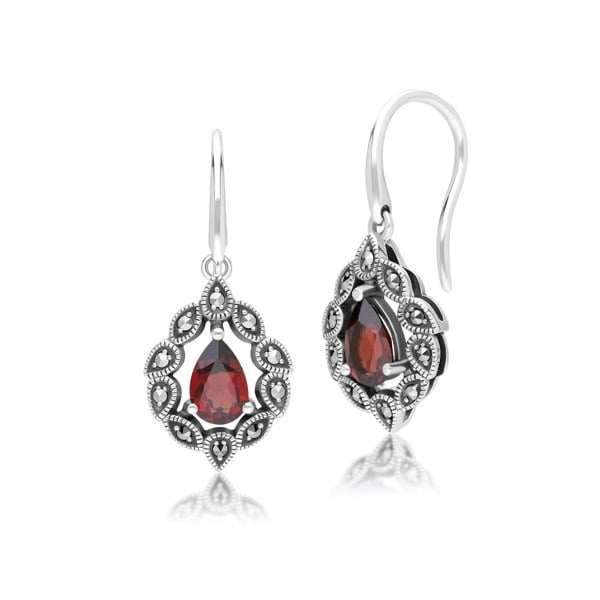 Gemondo Art Deco Style Pear Garnet & Marcasite Drop Earrings in Sterling Silver