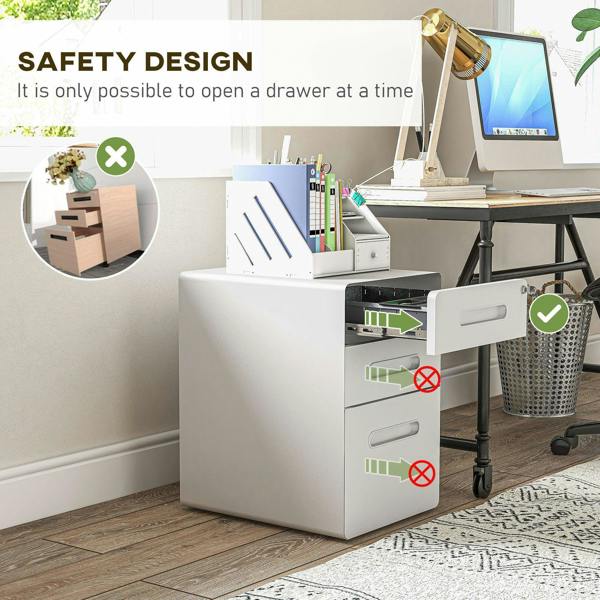 White 3-drawer lockable file cabinet with safety lock design preventing simultaneous drawers.