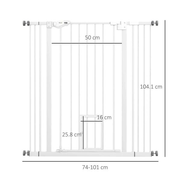 White extra-tall pet gate with labeled measurements and small gate opening