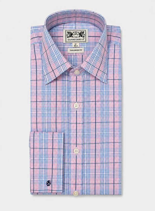 The Oxford Shirt Company Double Cuff Shirt in Fine Baby Blue and Pink Check