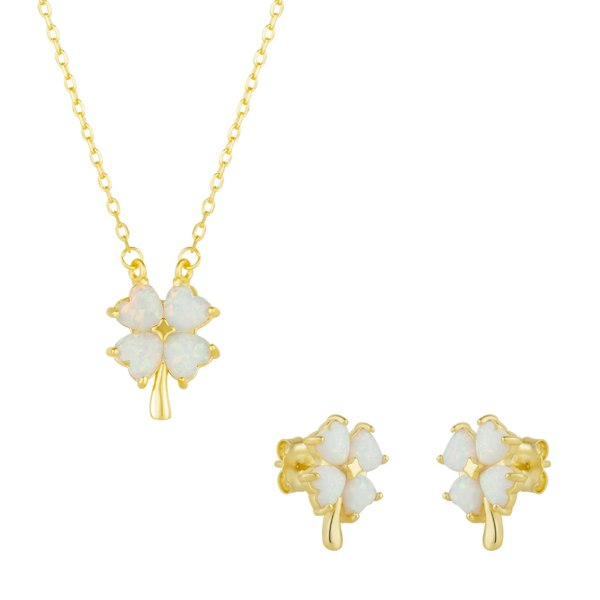 Spero London White Opal Four Leaf Clover Sterling Silver Necklace & Earring Set