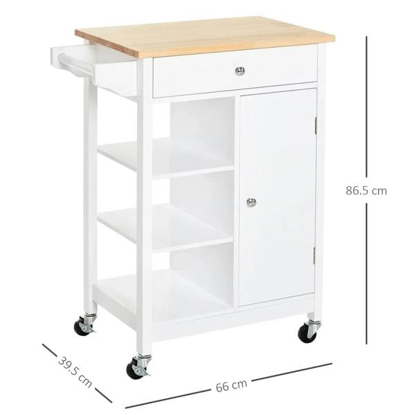 White kitchen trolley cabinet with light wood top, open shelving, and door cupboard