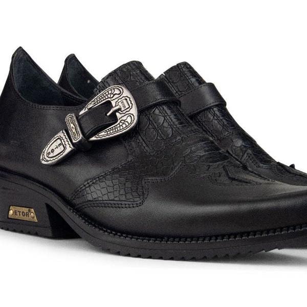 Infinity Leather Men's Black Leather Winklepickers Cowboy Cuban Biker Boots