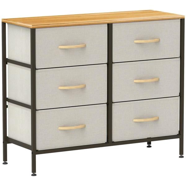 Fabric chest of drawers with 6 cream fabric drawers, wood top, steel frame