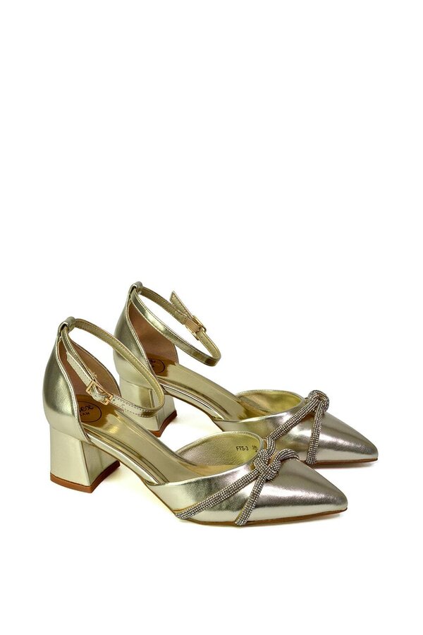 XY LONDON Ankle Strap Pointed Toe Diamante Mid Block Heels