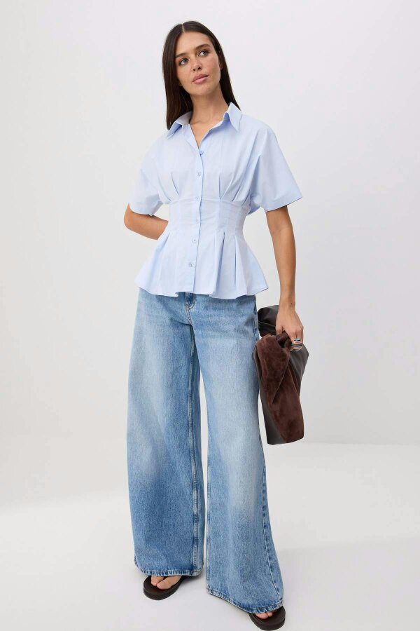 WOVCOR Pleated Detail Fitted Short Sleeve Shirt - LIGHTBLUE