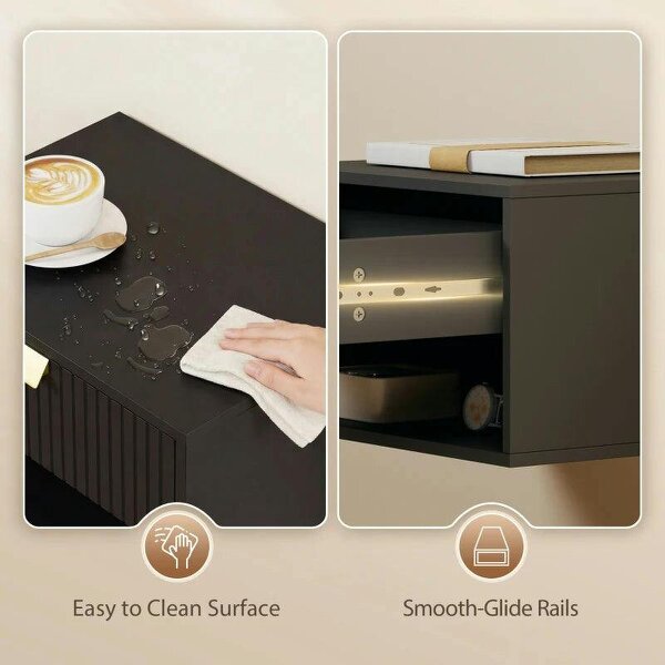 Set of 2 Wall Mounted Nightstands, Floating Bedside Tables with Fluted Drawer and Open Shelf for Small Bedroom, Black