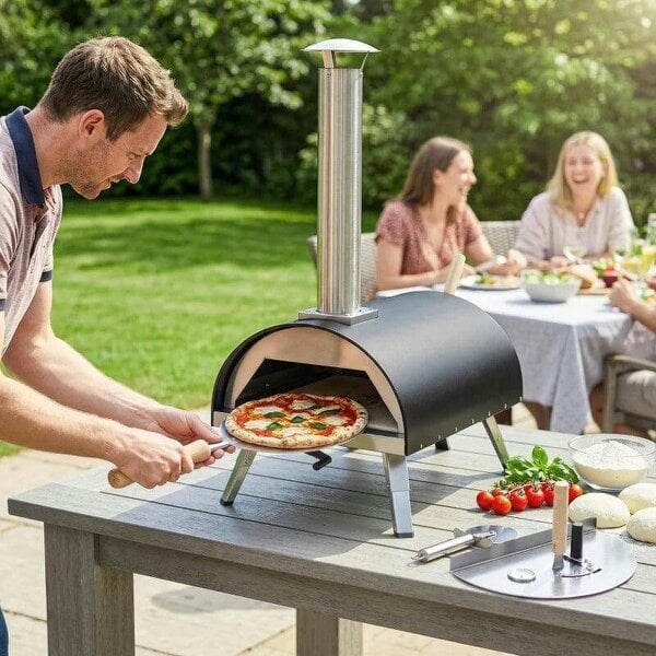 Outdoor Pizza Oven Foldable Legs Pellet Wood Fired Pizza Maker w/ 12" Rotating Stone and Peel - Black