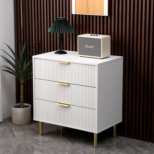 MMT Furniture Designs White Gloss Chest of Drawers, Gold Handles & Legs, 3 Drawer