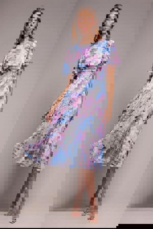 Flutter Sleeve Pleated Skirt Floral Midi Dress - Blue DR4565