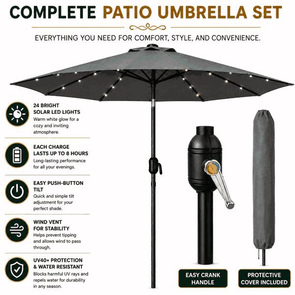 GlamHaus Garden Parasol Solar LED 2.7M ,Tilting Table Umbrella with Crank Handle, Protection UV40, Free Parasol Cover- Dark Grey