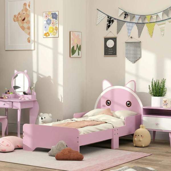 Pink cat-design toddler bed frame with guardrails and low platform-style sides.