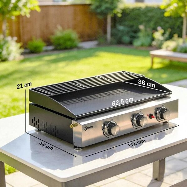 Bobobiy 3 Burner Grill Griddle, Portable Gas Plancha with Warming Rack, 7.5 kW, Tabletop Gas BBQ with Grease Cup, Black