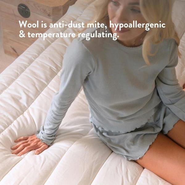 Wool is anti-dust mite, hypoallergenic & temperature regulating. Natural 100% British Wool Mattress Topper thick handmade in the UK 100% cotton OEKO TEX Standard 100