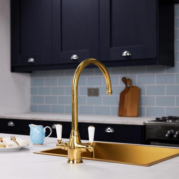 Flode Halden | Dual Lever Kitchen Sink Mixer Tap with Swivel Spout | Polished Brass Finish