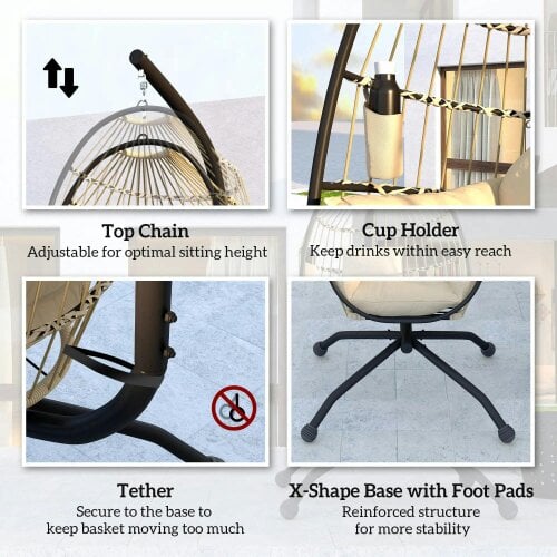 Bobobiy Hanging Egg Chair Garden Swing Chair with Folding Basket and Thickened Cushion, Garden Hanging Chair with Stand, Headrest, Cup Holder, Khaki