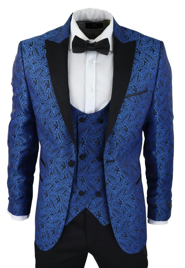 TruClothing Mens Blue Tuxedo Blazer Waistcoat Brocade Black Satin Paisley Dinner Jacket
