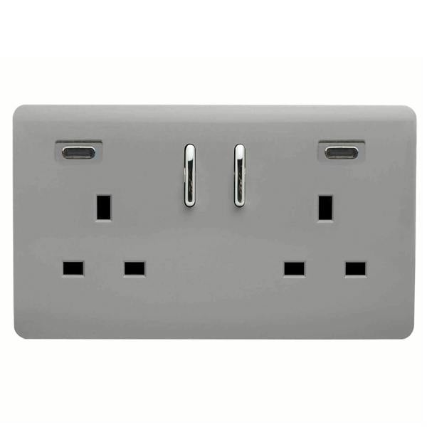 Trendi Switch 2 Gang USB 65W Type C USB Plug Socket in Light Grey