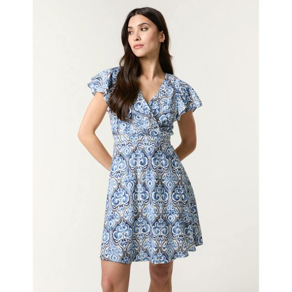 Blue Vanilla Printed Wrap Front Belted Waist Dress