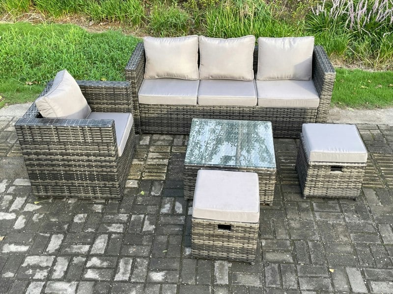 Fimous 5 PCS Outdoor Lounge Sofa Set Wicker PE Rattan Garden Furniture Set with Armchair Square Coffee Table 2 Small Footstools Dark Grey Mixed