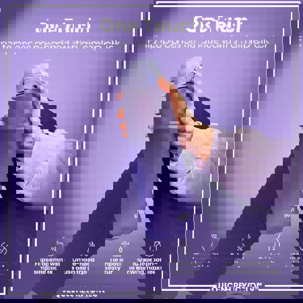 A purple water bottle is held; its flip top opens one-handed. The context is a promotional image, highlighting ease of use and leak-proof design. "One Touch," "Flips open with a simple click," "One-handed use on the go," "Triple lock security," "100% leak proof - no twisting, no leaks," and "QUENCH RECYCLON™" are also visible.