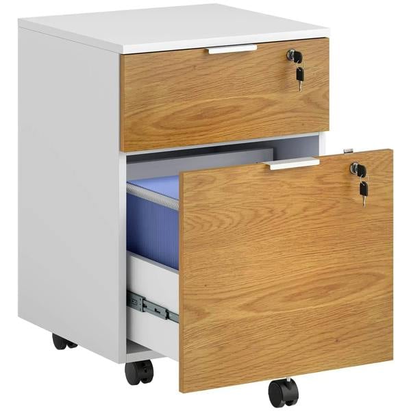 Two-drawer lockable filing cabinet, wood-effect fronts with white sides and key locks