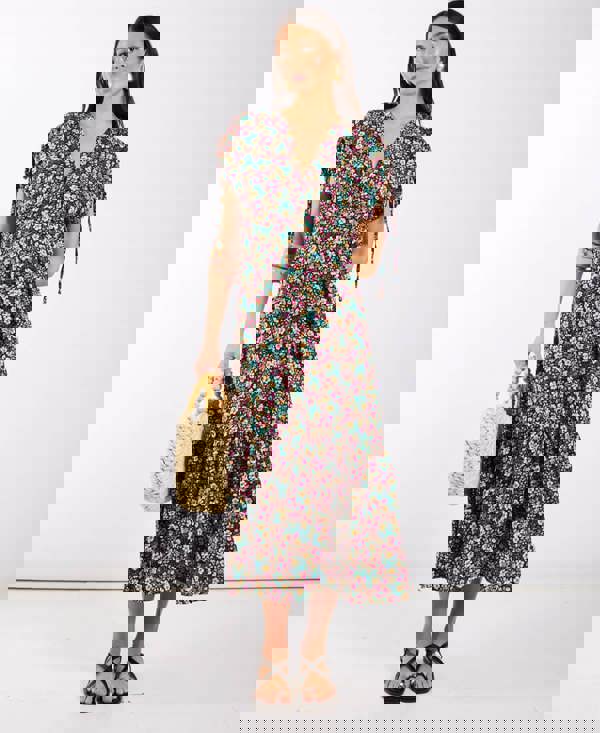 Floral Gathered Sleeve Midi Dress