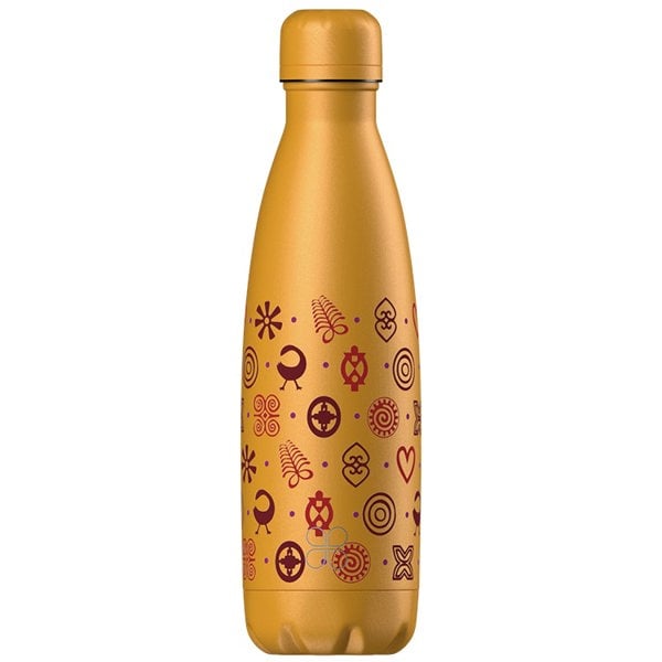 African Inspired Adinkra and Yellow Stainless Steel Water Bottle
