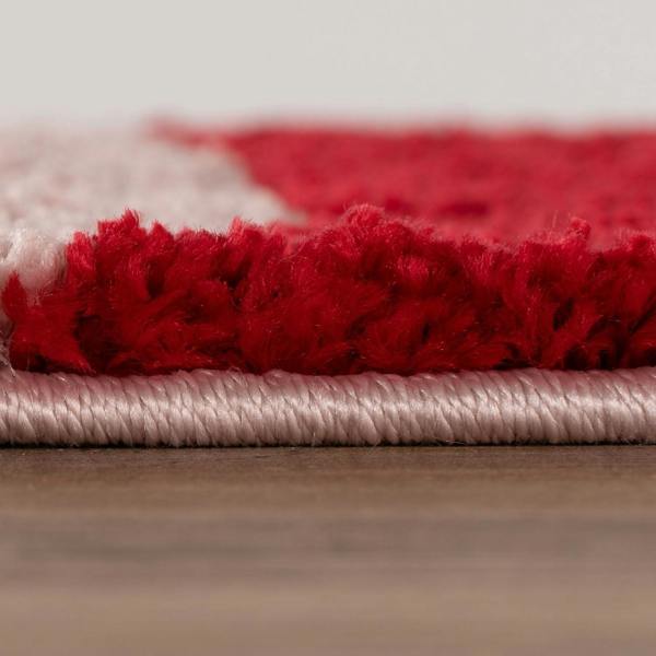Close-up of a red and beige textured rug on a wooden floor.