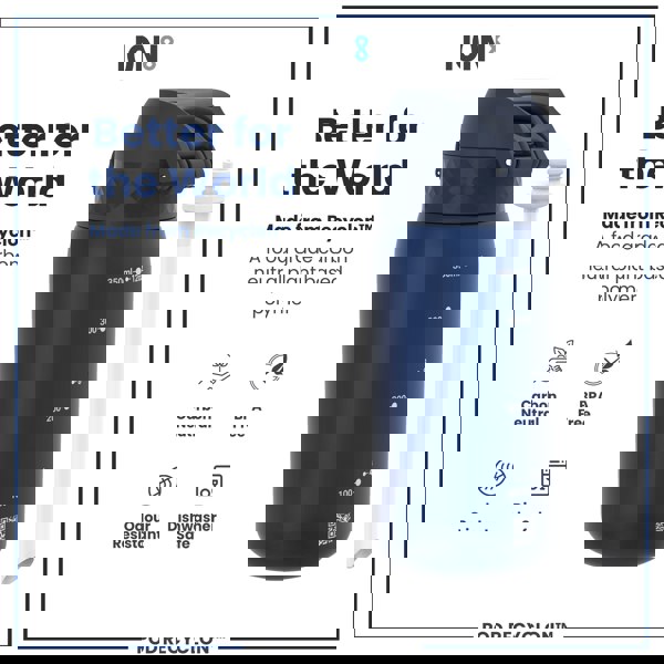 A dark-blue water bottle sits on a white background; it's made from a plant-based polymer, is BPA-free, carbon neutral, odour resistant, and dishwasher safe. The bottle displays volume markings and a QR code.