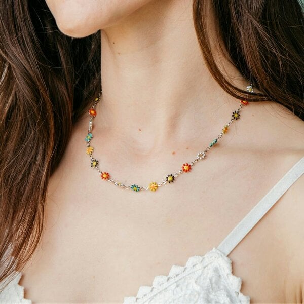 The Colourful Aura Silver Colourful Daisy Sun Flower Charms Indie Summer Boho Choker Necklace