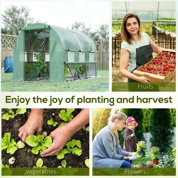 Green polytunnel greenhouse mesh cover corner with tie ropes and extended ground edge