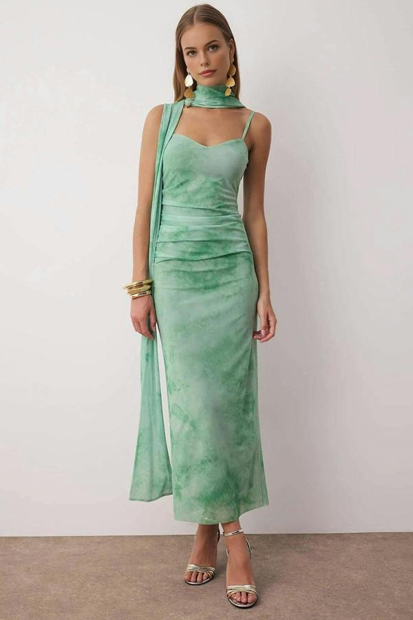 WOVCOR Scarf Detail Tulle Maxi Knit Dress