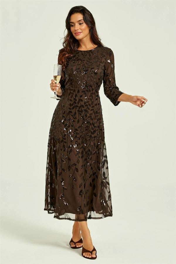 FS Collection Sequin Leaf 3/4 Sleeve Bridesmaid Midi Dress In Brown