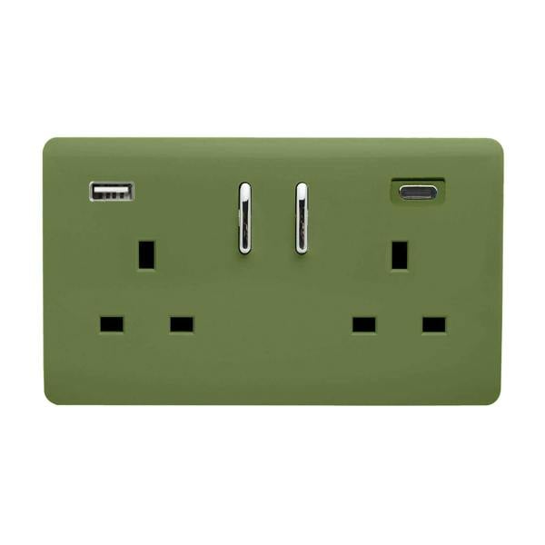 Trendi Switch 2 Gang USB 65W Type A & C USB Plug Socket in Moss Green