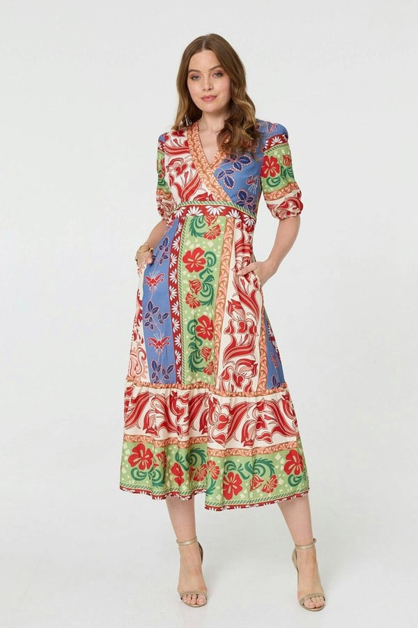 Orange | Printed 1/2 Sleeve V-Neck Midi Dress
