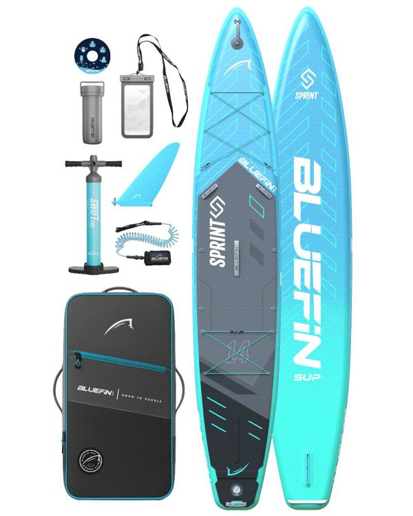 Bluefin SUP Sprint paddleboard with accessories including pump, fin, and carrying bag.