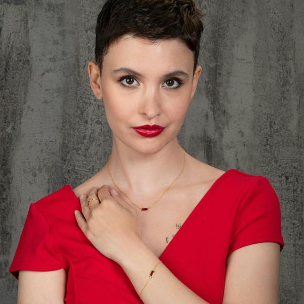 Dainty Gold Bracelet with a Red Cubic Zirconia Stone - namana.london