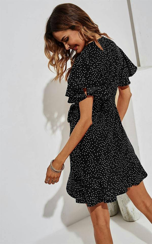 FS Collection White Dot Mini Wrap Top Dress In Black