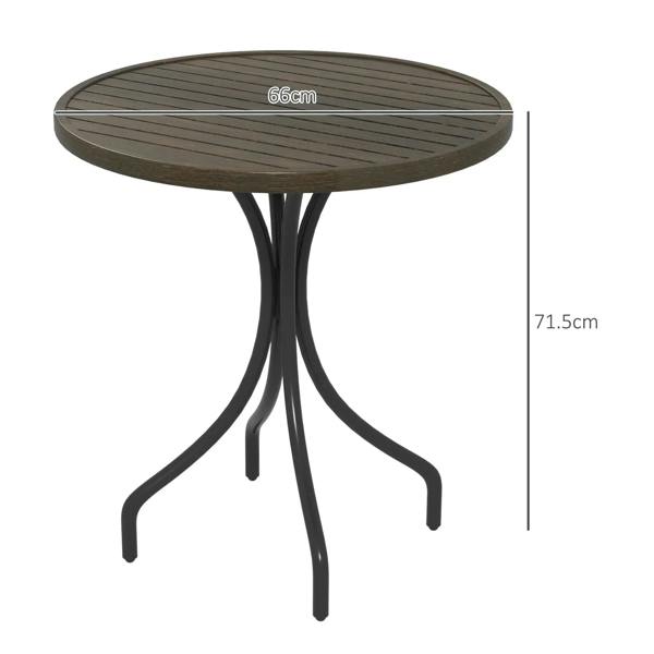 Round brown slatted garden table with black pedestal base; 66cm wide, 71.5cm tall.