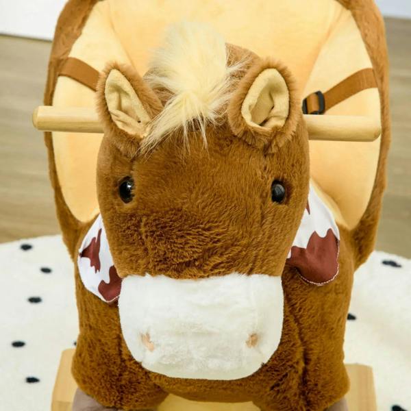 Brown plush rocking horse with white muzzle patch, big ears, and front face