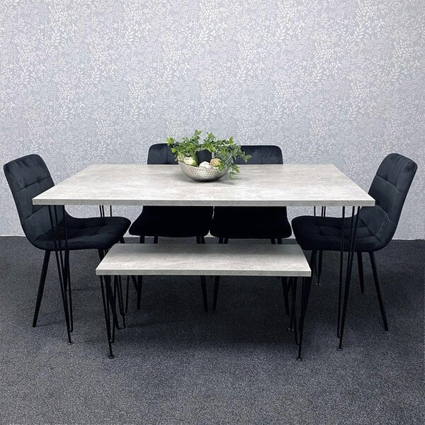 Kosy Koala Grey Dining Table with Hairpin Legs, Bench & 4 Black Velvet Chairs Set for Kitchen & Dining Room