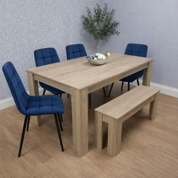Kosy Koala Modern Oak Effect Dining Table Set With 4 Blue Velvet Chairs And Bench Dining Room Furniture