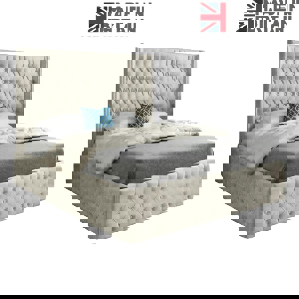 Casa Magna Turin Straight Winged Upholstered Soft Velvet Bed Frame - Cream